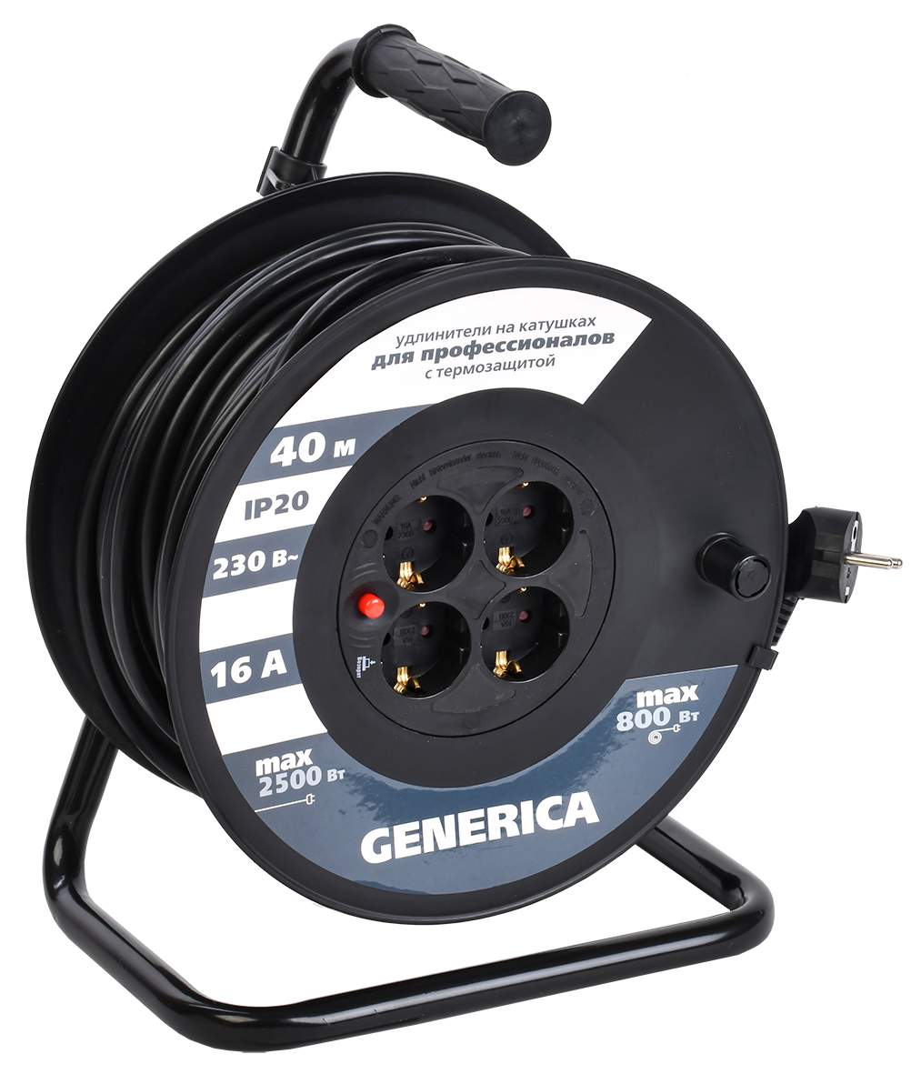 Катушка УК40 с термозащитой 4 места 2P+PE/40м 3х1,5мм2 GENERICA WKP20-16-04-40-G