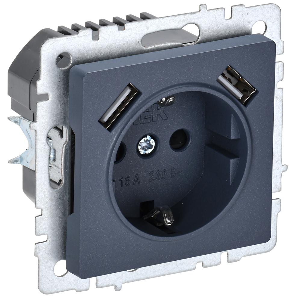 BRITE Розетка 1-местная с заземлением с защитными шторками 16А с USB A+A 5В 2,1А РЮш10-1-БрМ маренго IEK BR-R14-16-U21-D21-K35