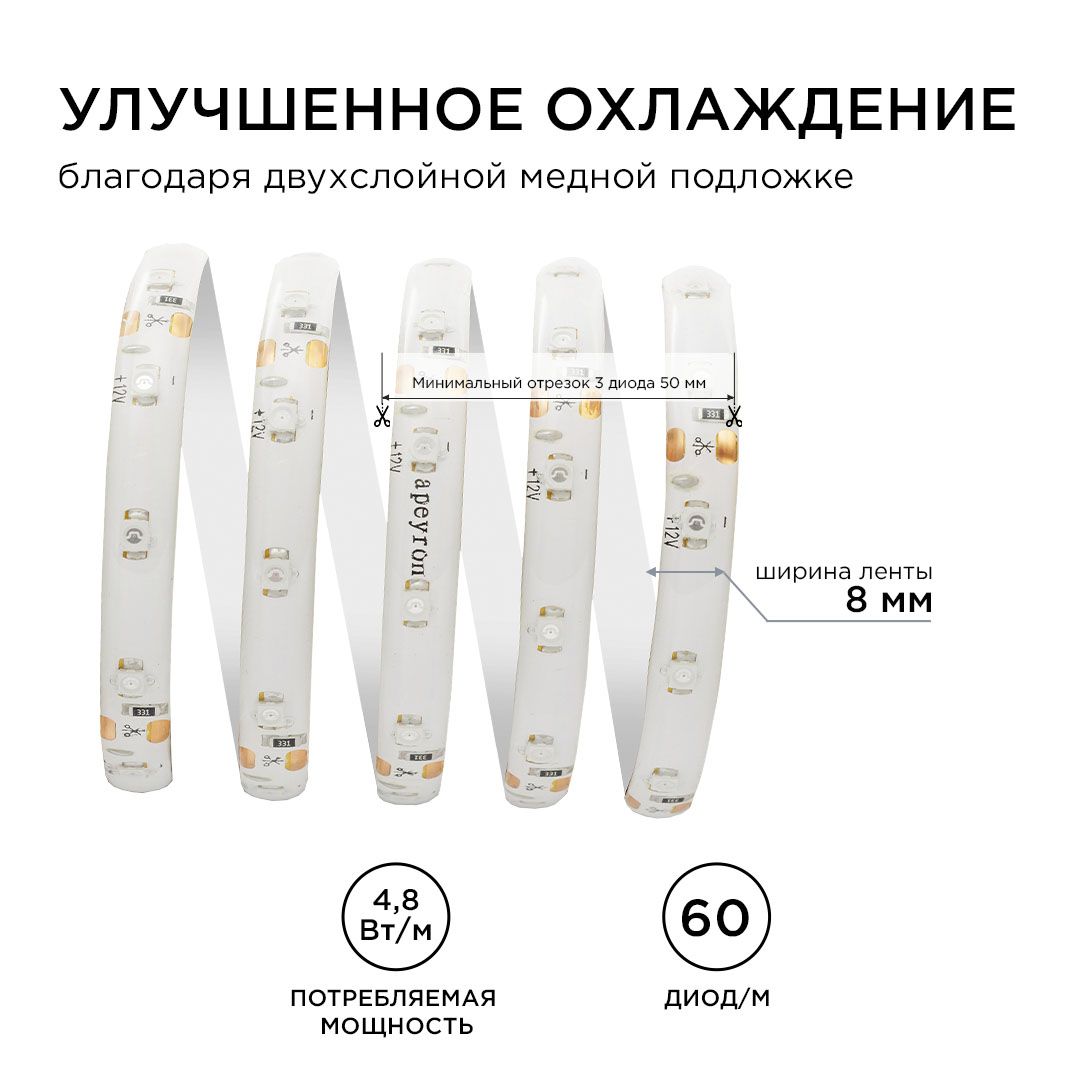 Лента светодиодная СТ smd3528 60д/м 12В IP65 5м красный Apeyron - Фото 5