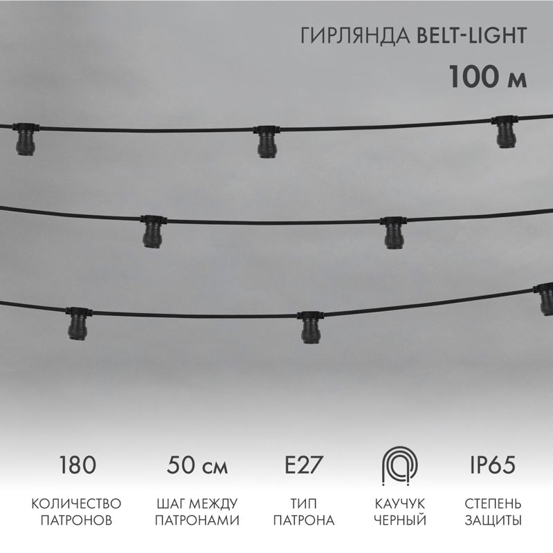 Гирлянда Belt-Light 2 жилы, 100м, шаг 50см, 180 патронов E27, IP65, черный провод NEON-NIGHT для функционального освещения