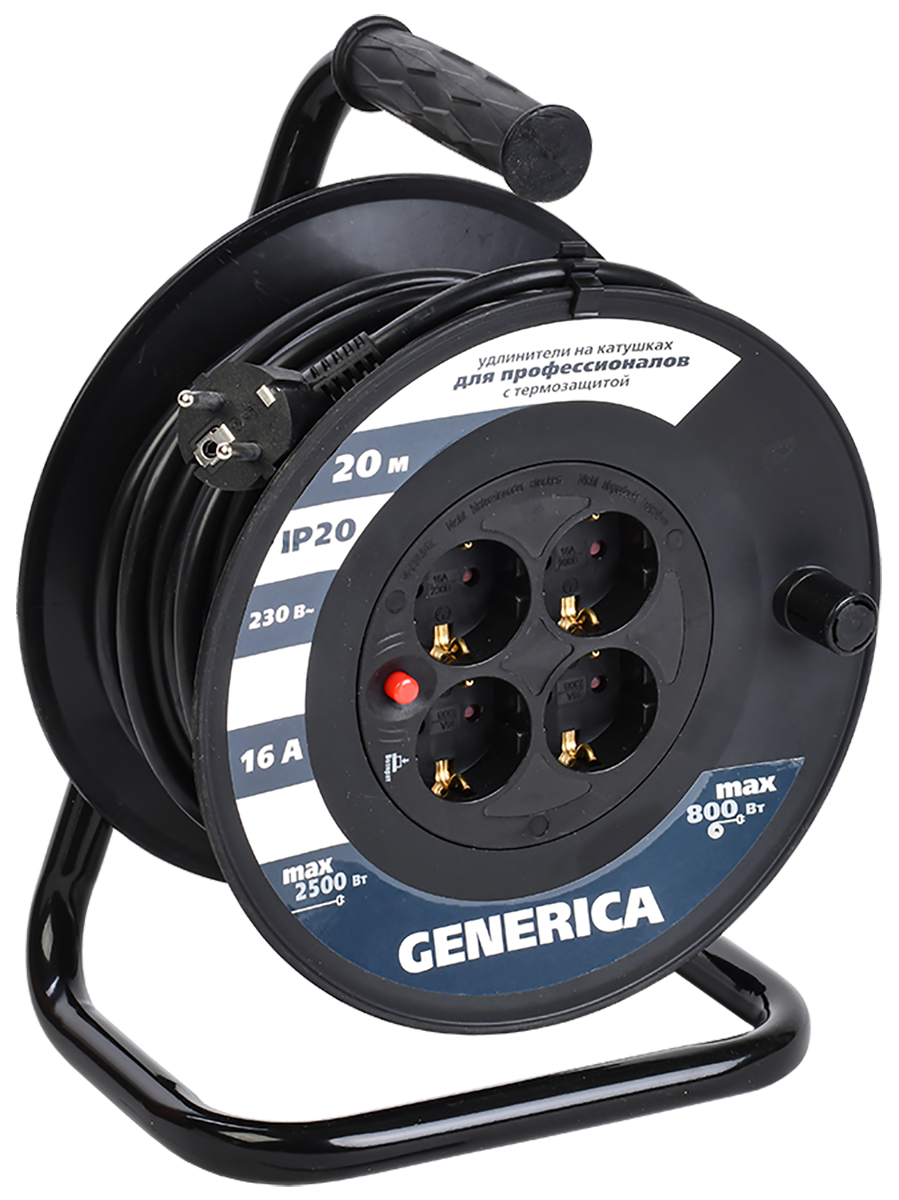 Катушка УК20 с термозащитой 4 места 2P+PE/20м 3х1,5мм2 GENERICA WKP20-16-04-20-G
