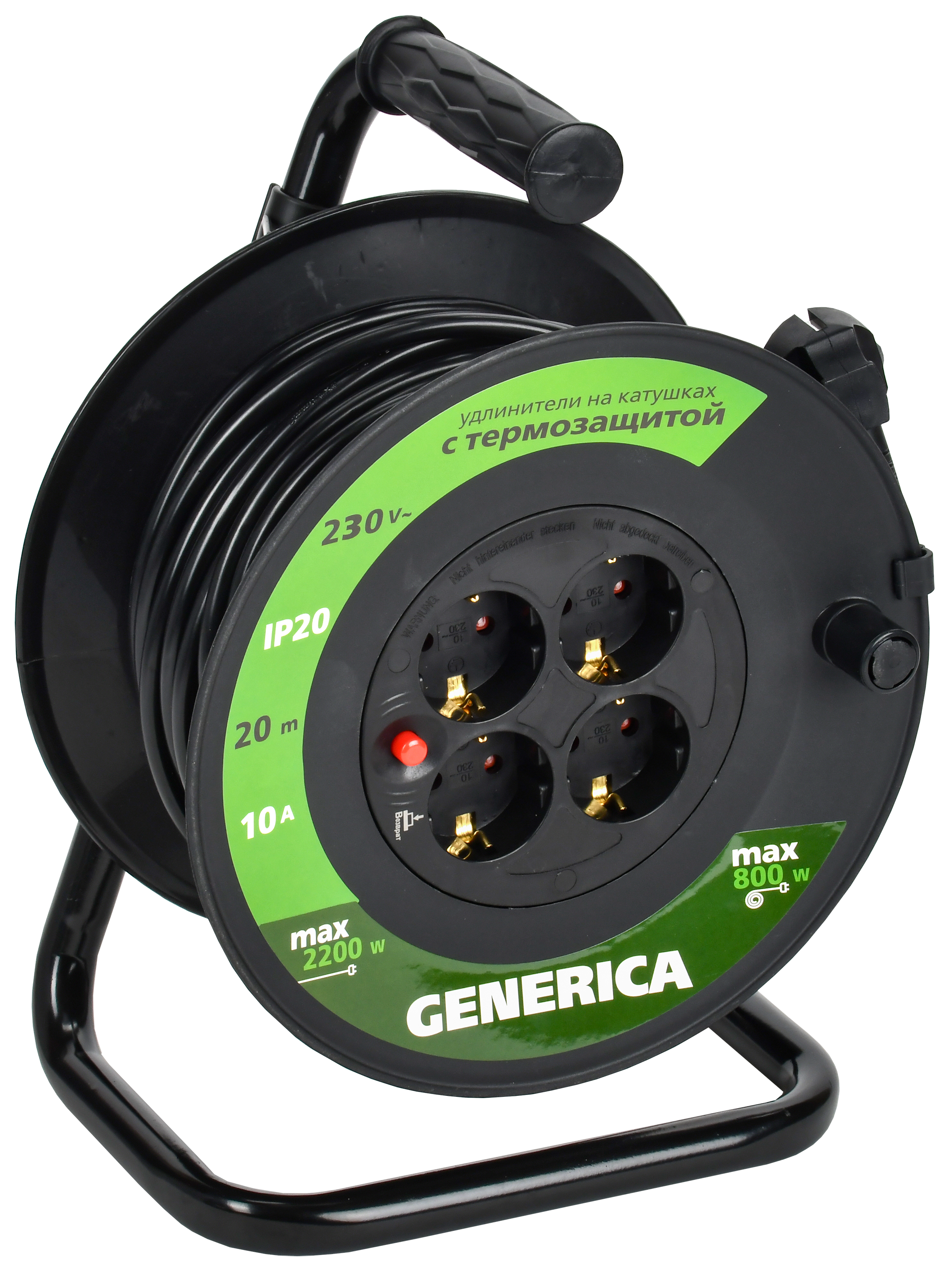 Катушка УК20 с термозащитой 4 места 2P+PE/20м 3х1,0мм2 GENERICA WKP10-10-04-20-G