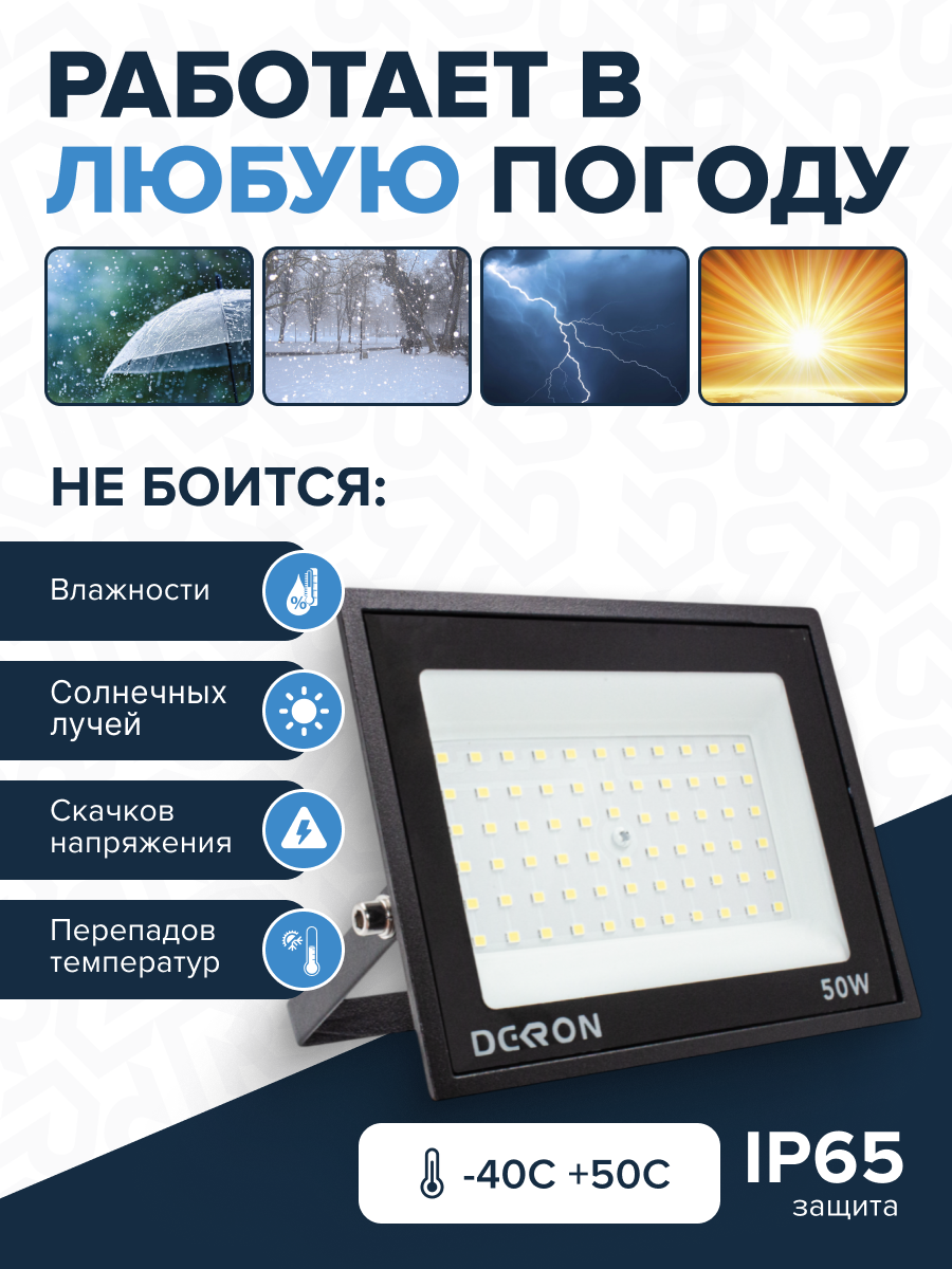 Прожектор светодиодный 50Вт, 4000лм, 6500K, черный,IP65 - Фото 3
