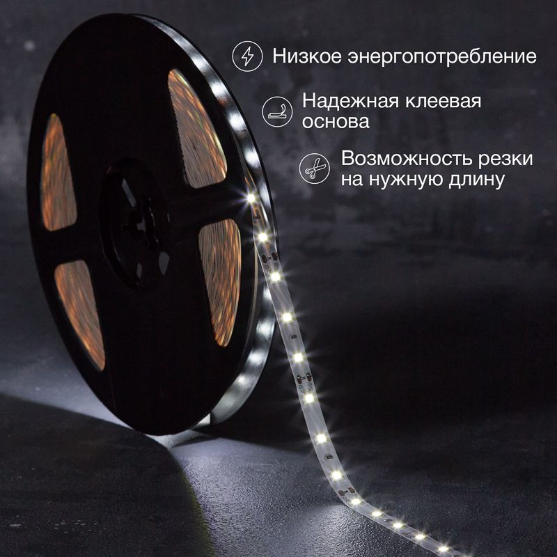 Лента светодиодная 12В, SMD2835, 4,8Вт/м, 60 LED/м, 6500К, 8мм, 20м, для БП с клеммами, IP20 LAMPER - Фото 2