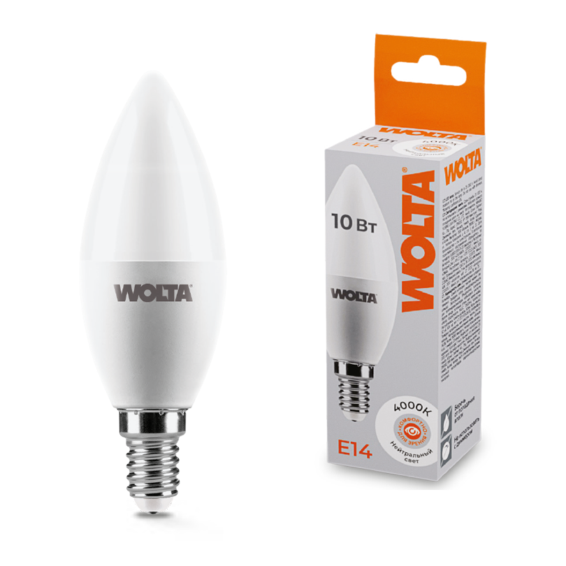 Лампа светодиодная "Свеча-C37" 10Вт 800лм 4000К Е14 (50шт/уп) WOLTA 25SC10E14