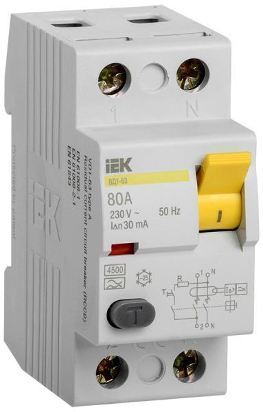 Выключатель дифференциальный (УЗО) ВД1-63 2Р 80А 30мА IEK MDV10-2-080-030
