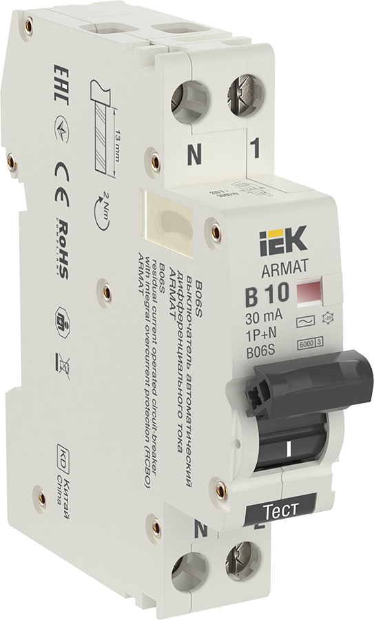 ARMAT Автоматический выключатель дифференциального тока B06S 1P+NP B10 30мА тип AC (18мм) IEK