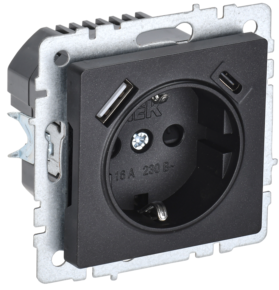 BRITE Розетка 1-местная с заземлением с защитными шторками 16А с USB A+C 18Вт РЮш11-1-БрЧ черный IEK BR-R14-16-U22-018-K02