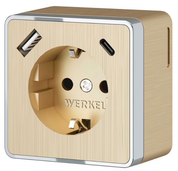 Розетка с заземлением, шторками и USB тип A+C Gallant (шампань рифленый) Werkel