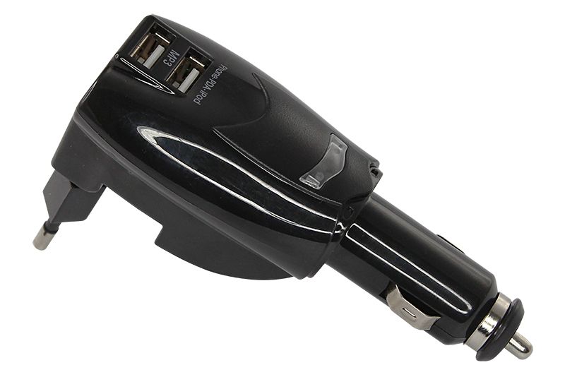 Универсальное ЗУ-трансформер авто+сетевое 2 USB цвет черный (2х1000 mA)c индикатором, блистер