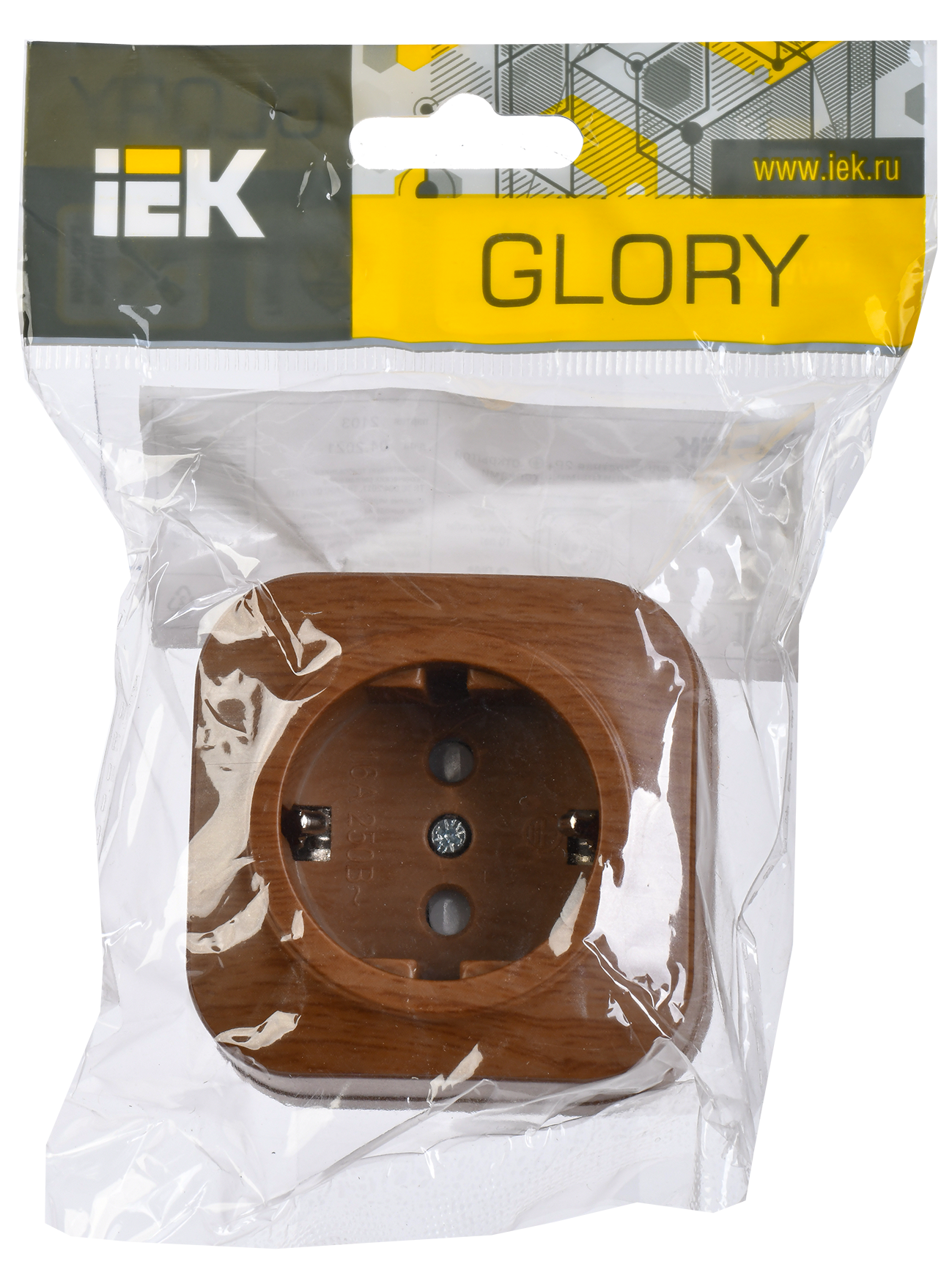 GLORY Розетка 1-местная для открытой установки с заземлением с защитными шторками 16А РСш20-3-ХД дуб IEK - Фото 2