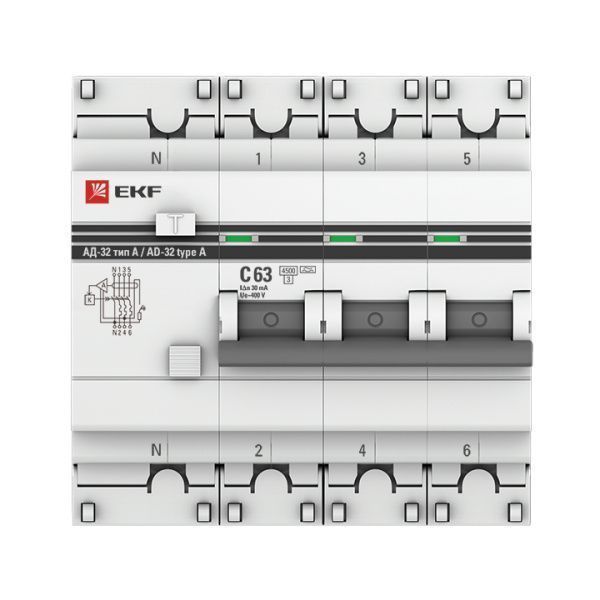 АД-32 3P+N 63А (С) 30мА тип (А) эл. 4,5кА EKF PROxima - Фото 2
