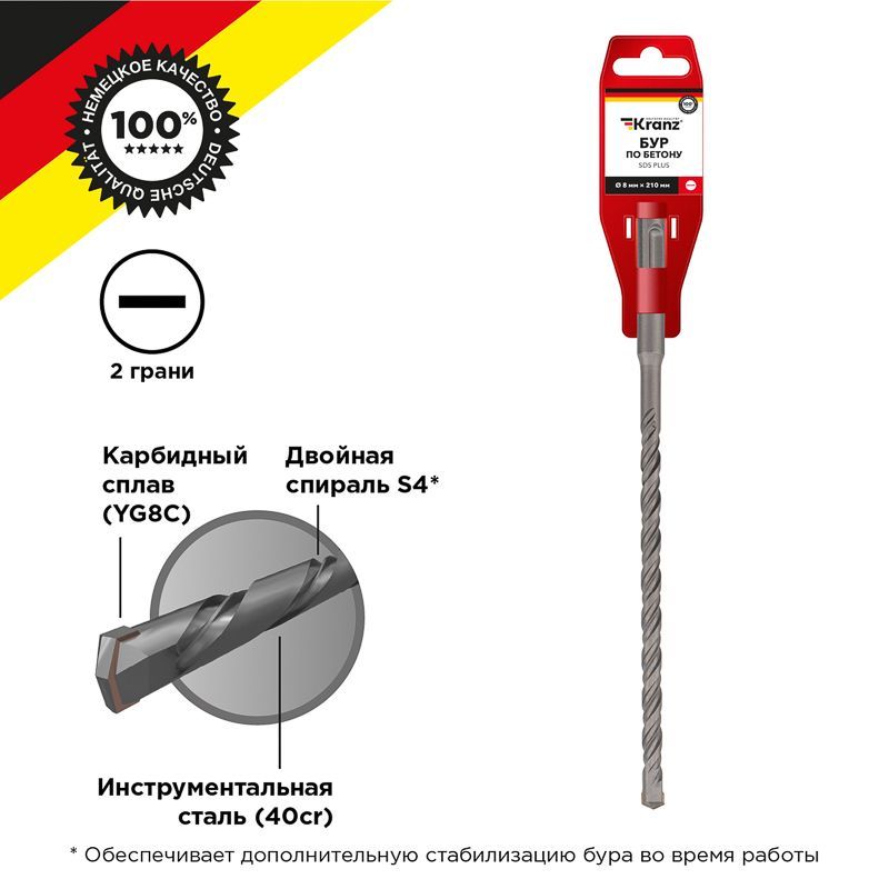 Бур по бетону 8x210x150мм, хвостовик SDS-plus KRANZ KR-91-0018