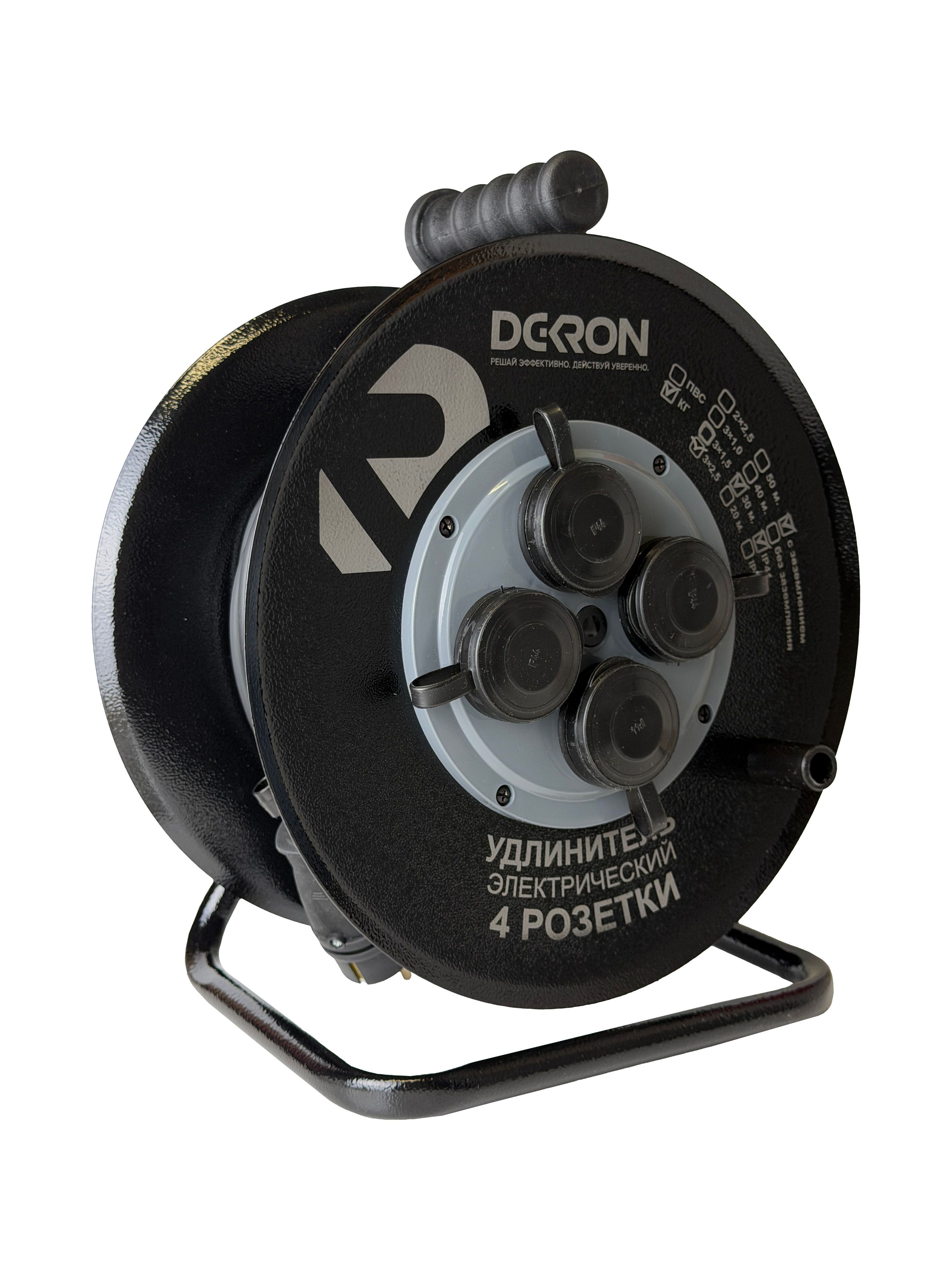 Удлинитель на катушке (металл) УХз-16-4-30-КМ УХЛ2, 4 гнезда с заземлением и крышками, КГ 3х2,5 30м, 16А, IP44 DEKRON DEK0906-0006