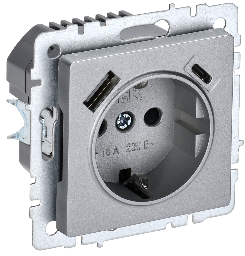 BRITE Розетка 1-местная с заземлением с защитными шторками 16А с USB A+C 18Вт РЮш11-1-БрА алюминий IEK BR-R14-16-U22-018-K47