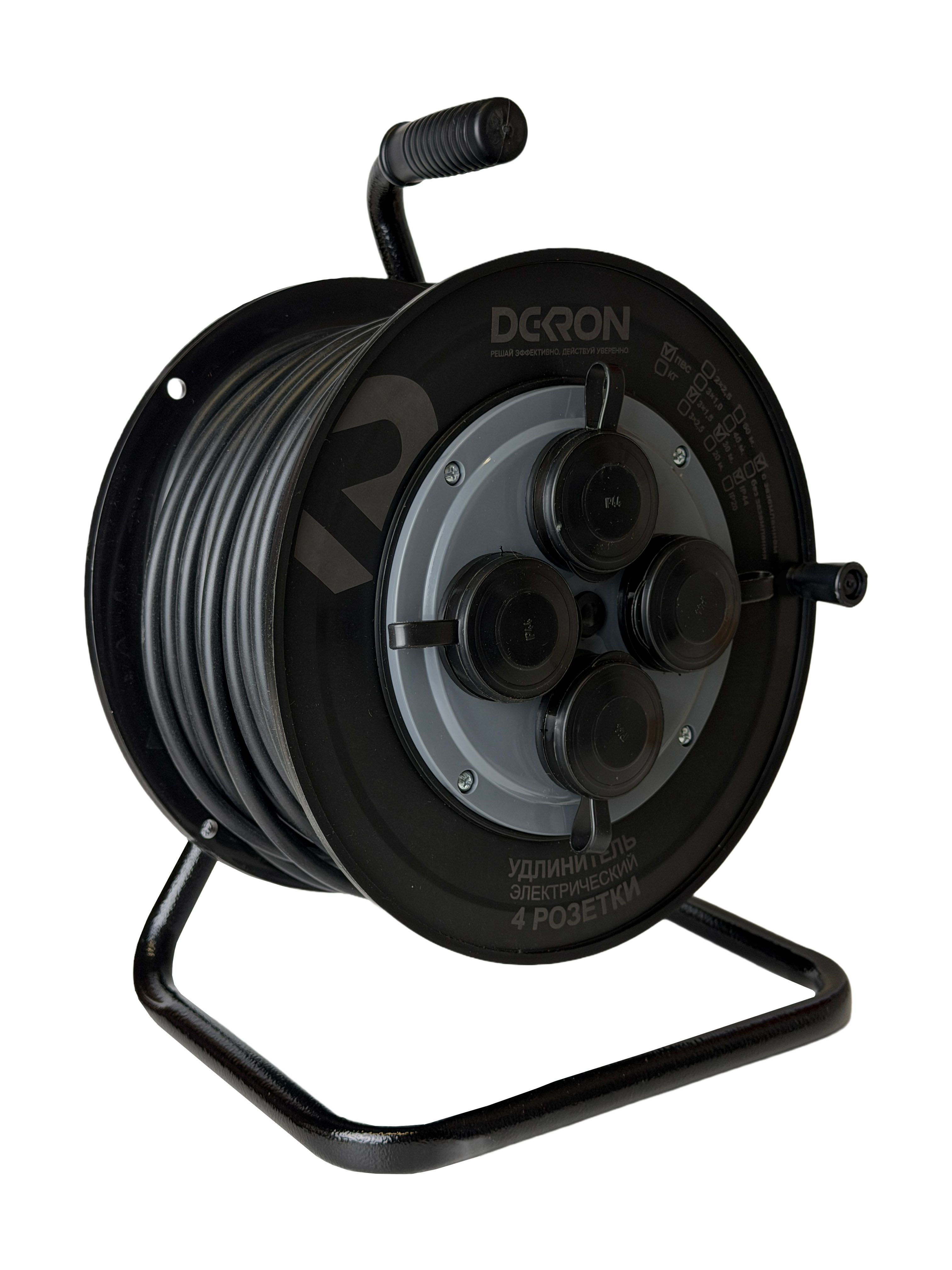 Удлинитель на катушке (пластик) УХз-16-4-30-К УХЛ2, 4 гнезда с заземлением и крышками, ПВС 3х1,5 30м, 30А, IP44 DEKRON DEK0906-0018