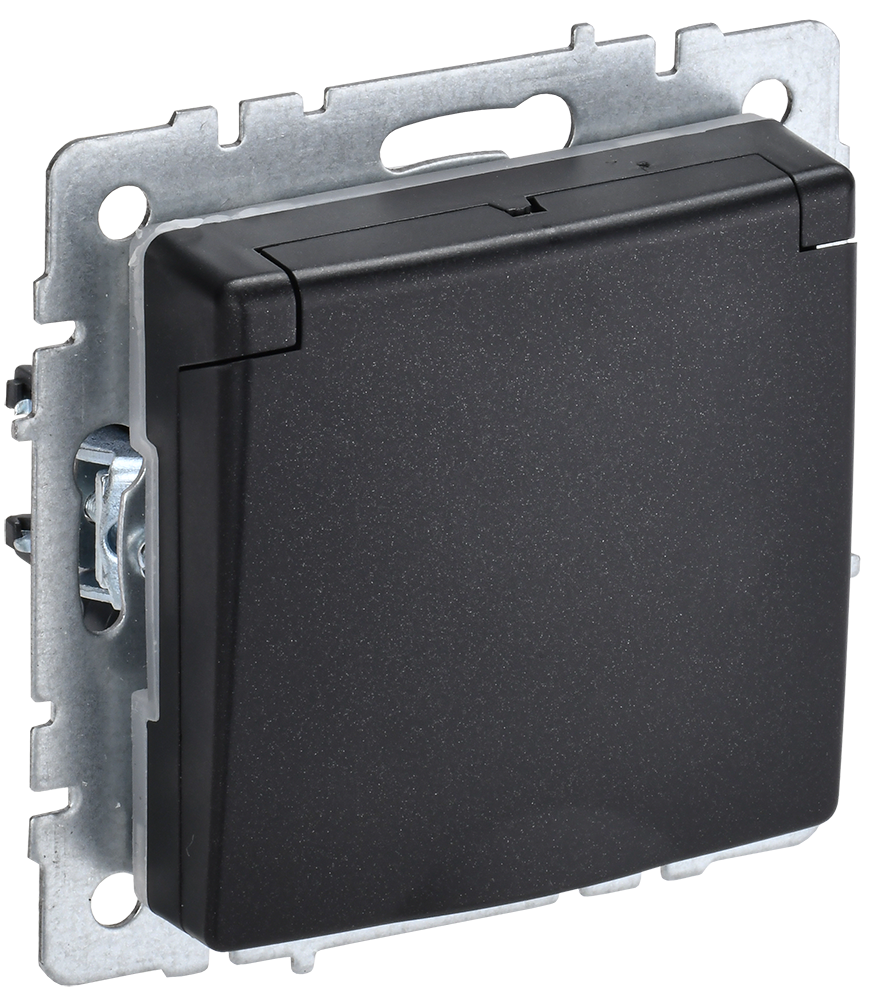 BRITE Розетка 1-местная с заземлением с защитными шторками и крышкой 16А IP44 РСбш10-3-44-БрЧ черный IEK
