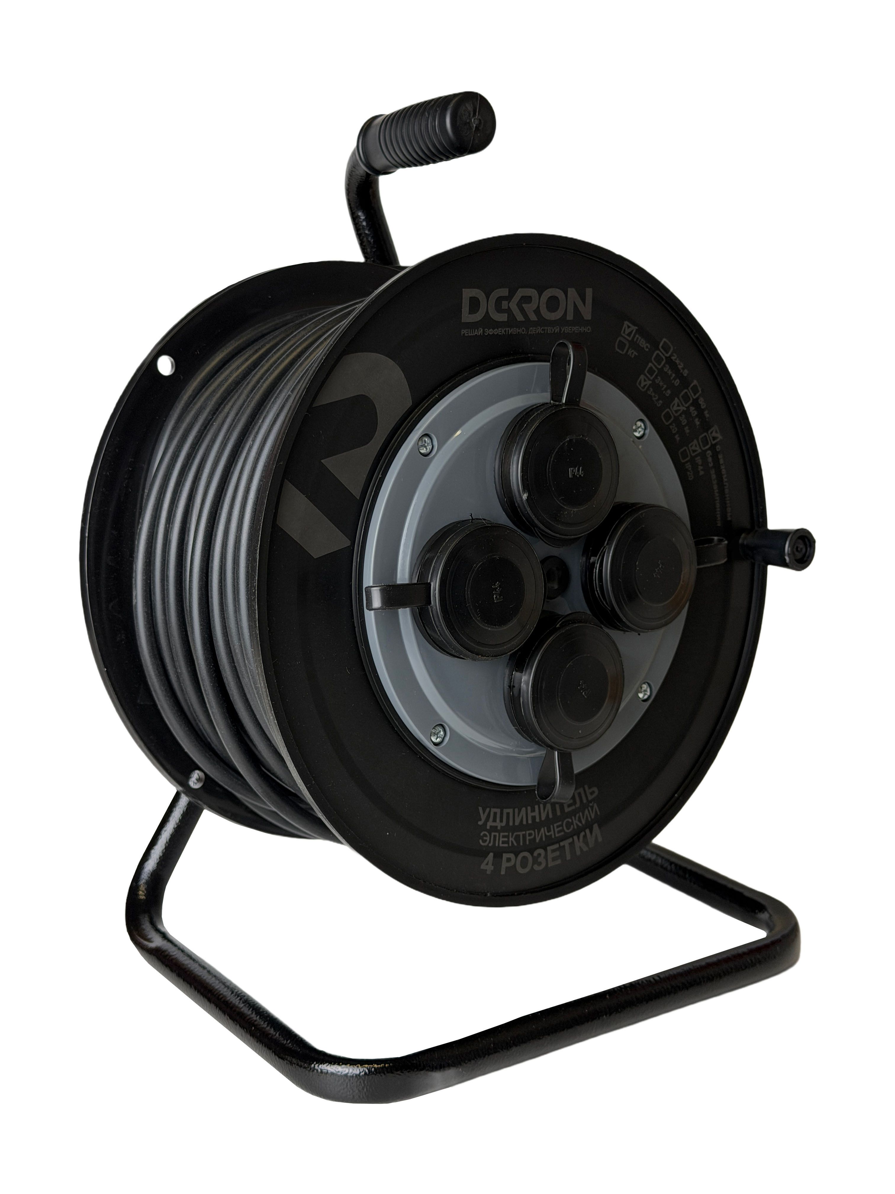 Удлинитель на катушке (пластик) УХз-16-4-30-К УХЛ2, 4 гнезда с заземлением и крышками, ПВС 3х2,5 30м, 16А, IP44 DEKRON DEK0906-0022