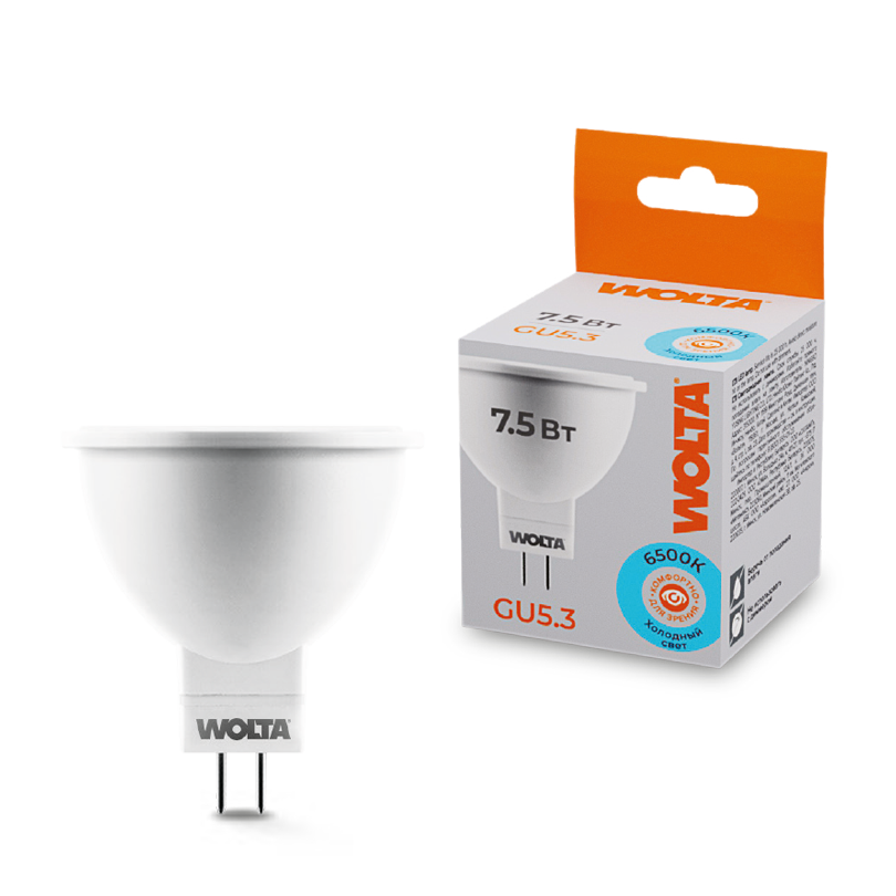 Лампа светодиодная "Рефлектор-MR16" 7.5Вт 625лм 6500К GU5.3 (50шт/уп) WOLTA 25WMR16-220-7.5GU5.3