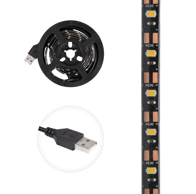 Лента светодиодная 5В, SMD2835, 4,8Вт/м, 60 LED/м, 3000K, 8мм, 1м, с USB коннектором, черная, IP65 LAMPER - Фото 2