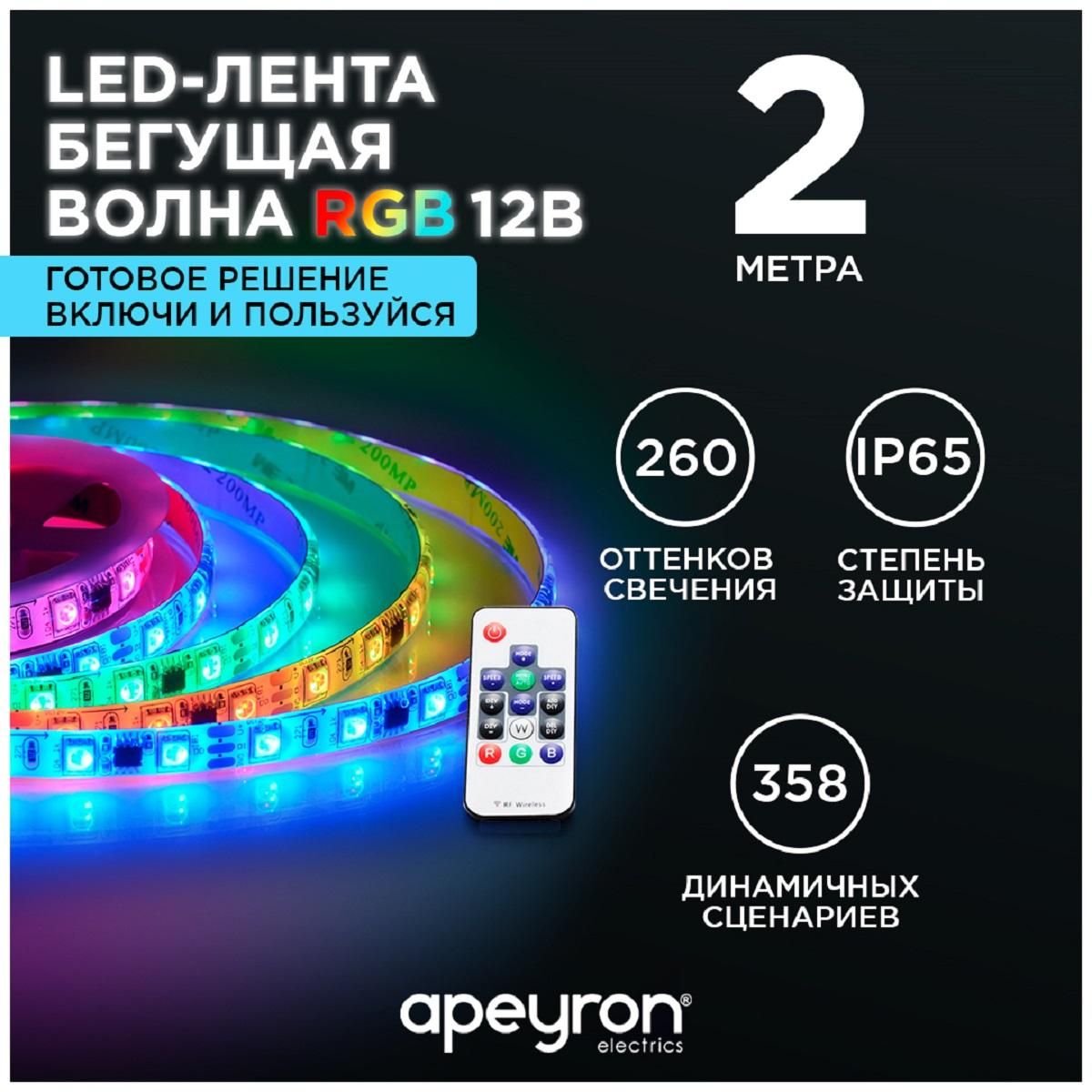 Комплект цифровой светодиодной ленты smd5050 60д/м 12В IP65 2м RGB Apeyron - Фото 12