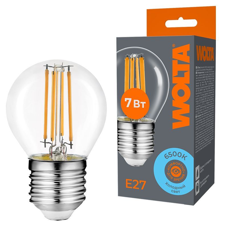 Светодиодная лампа WOLTA Filament, AC 220-240В, 50/60 Гц, прозрачное стекло, "Шар", G45, E27, 7 Вт, 630 лм, 6500 К, 1/10/100 WF-G45-7W6KE27