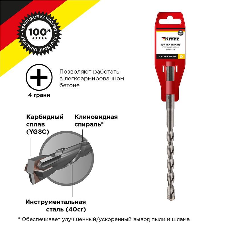 Бур по бетону 10x160x100мм, крестовая пластина, хвостовик SDS-plus KRANZ KR-91-0809