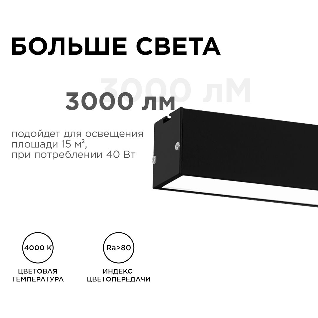 Светильник линейный, подвесной, светодиодный 40Вт, 230В/50Гц, 3000лм, 4000К, IP40, чёрный, 1180х40х4 - Фото 3