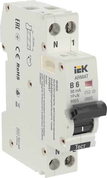 ARMAT Автоматический выключатель дифференциального тока B06S 1P+NP B6 30мА тип AC (18мм) IEK AR-B06S-1N-B06C030