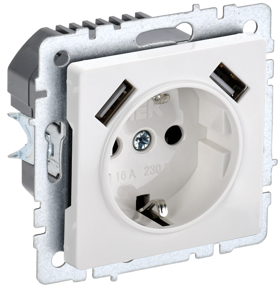 BRITE Розетка 1-местная с заземлением с защитными шторками 16А с USB A+A 5В 3,1А РЮш10-2-БрБ белый IEK BR-R14-16-U21-D31-K01