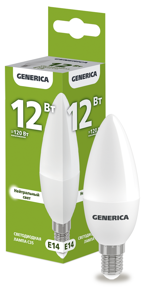 Лампа светодиодная C35 свеча 12Вт 230В 4000К E14 GENERICA