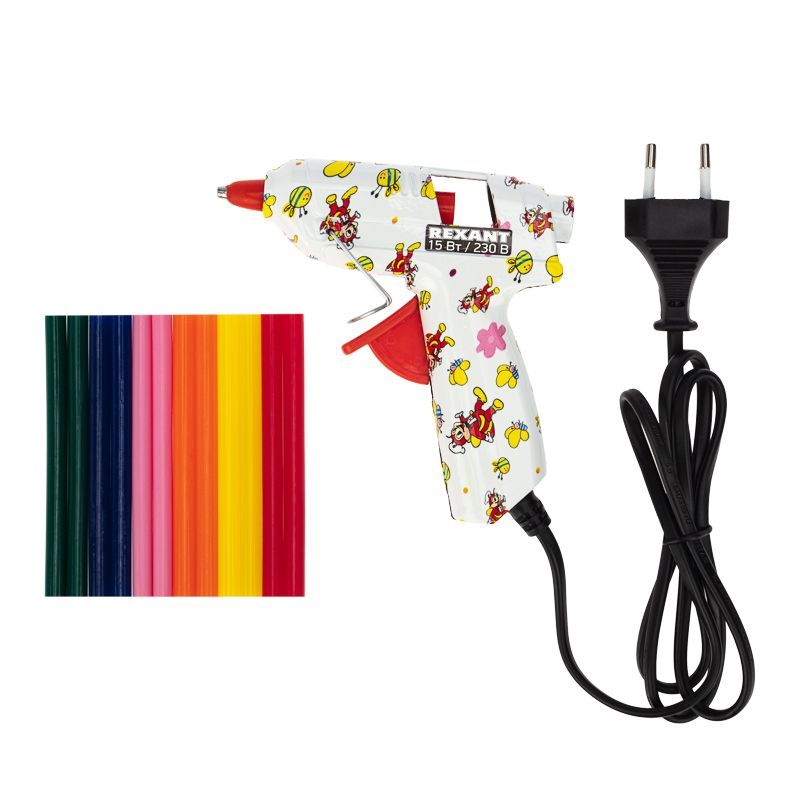 Пистолет клеевой, 15Вт, Ø7мм + набор цветных стержней 12 шт, блистер REXANT 12-0112