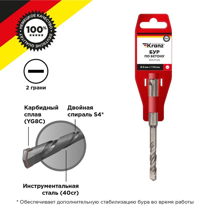 Бур по бетону 8x110x50мм, хвостовик SDS-plus KRANZ KR-91-0007