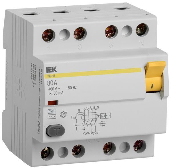 Выключатель дифференциальный (УЗО) ВД1-63 4Р 80А 30мА IEK MDV10-4-080-030