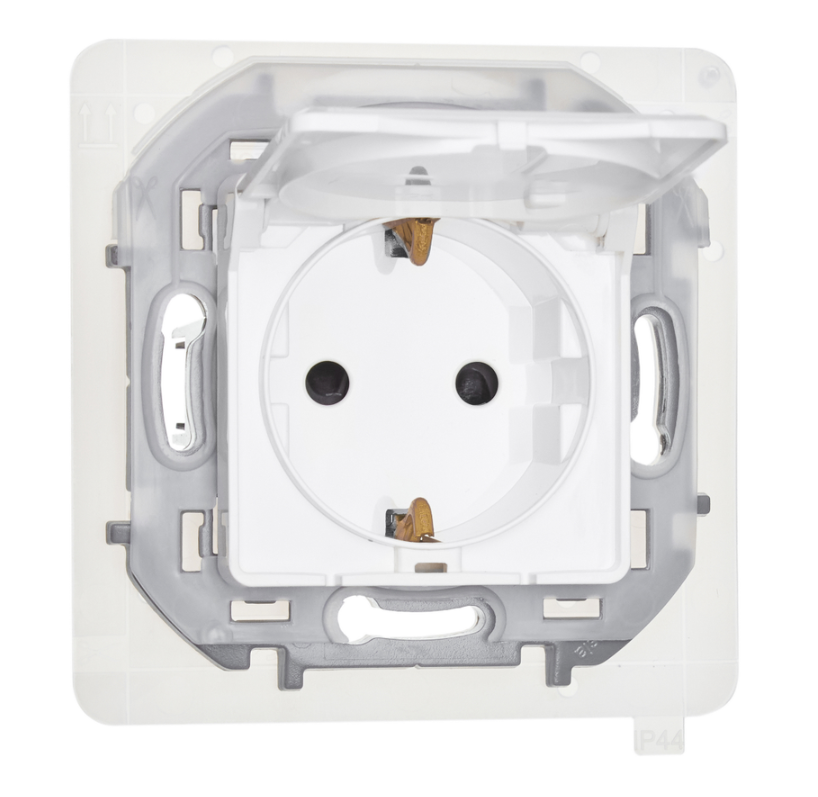 INSPIRIA Розетка 1-местная с заземлением с защитными шторками и крышкой 16А IP44 белый 673740