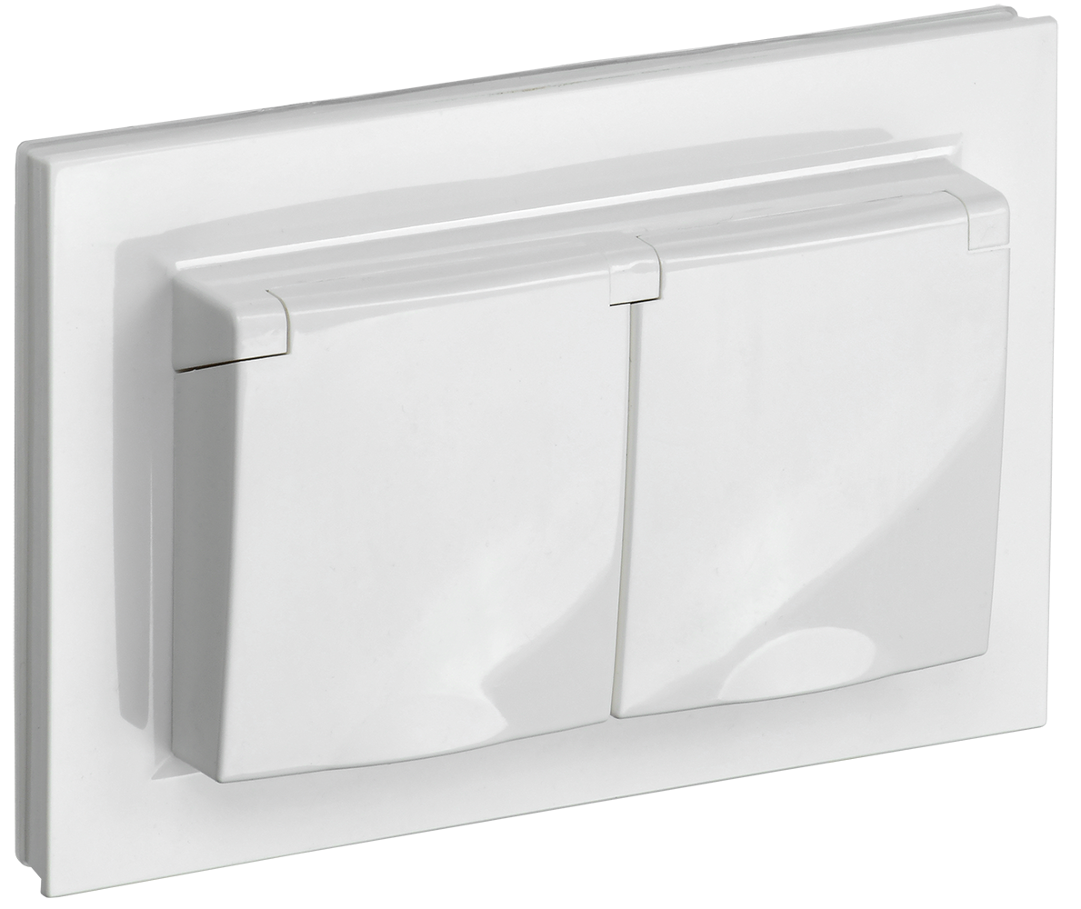 BRITE Розетка 2-местная с заземлением с защитными шторками и крышкой 16А в сборе IP44 РСбш12-3-44-БрБ белый IEK BR-R26-16-44-K01-F