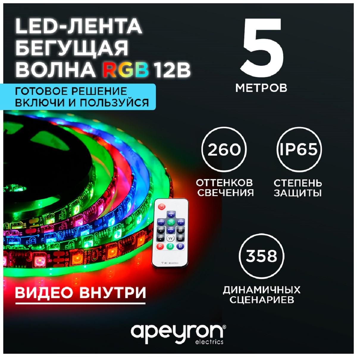 Комплект цифровой светодиодной ленты smd5050 60д/м 12В IP65 5м RGB Apeyron - Фото 12