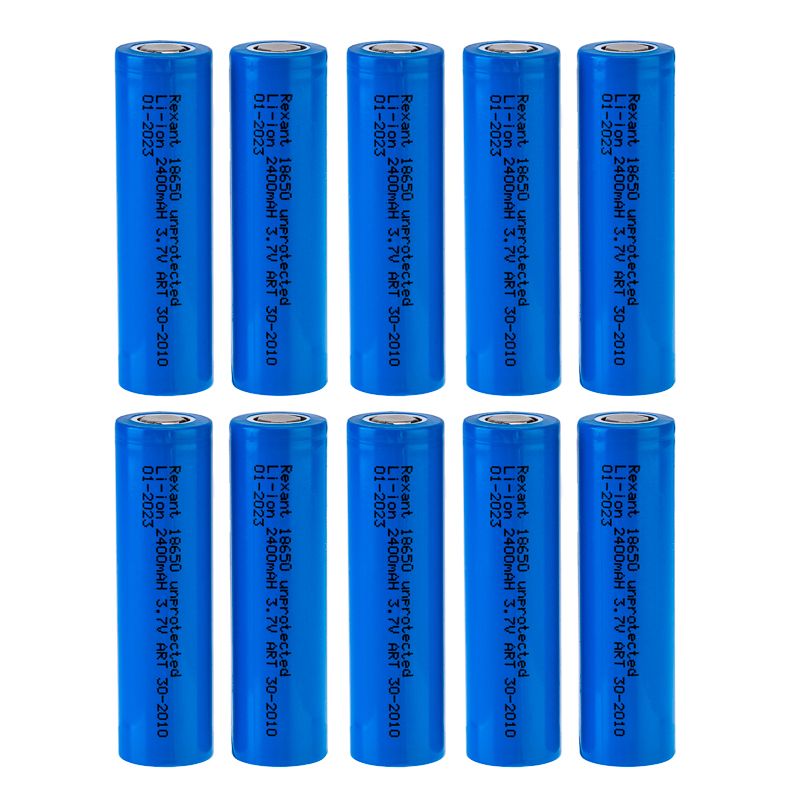 Аккумулятор Li-ion 18650, 3,7В, 2400мАч, без платы защиты, плоский контакт, 10 шт, коробка REXANT - Фото 2