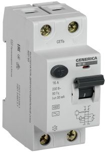 Выключатель дифференциальный (УЗО) ВД1-63 2Р 16А 30мА GENERICA MDV15-2-016-030