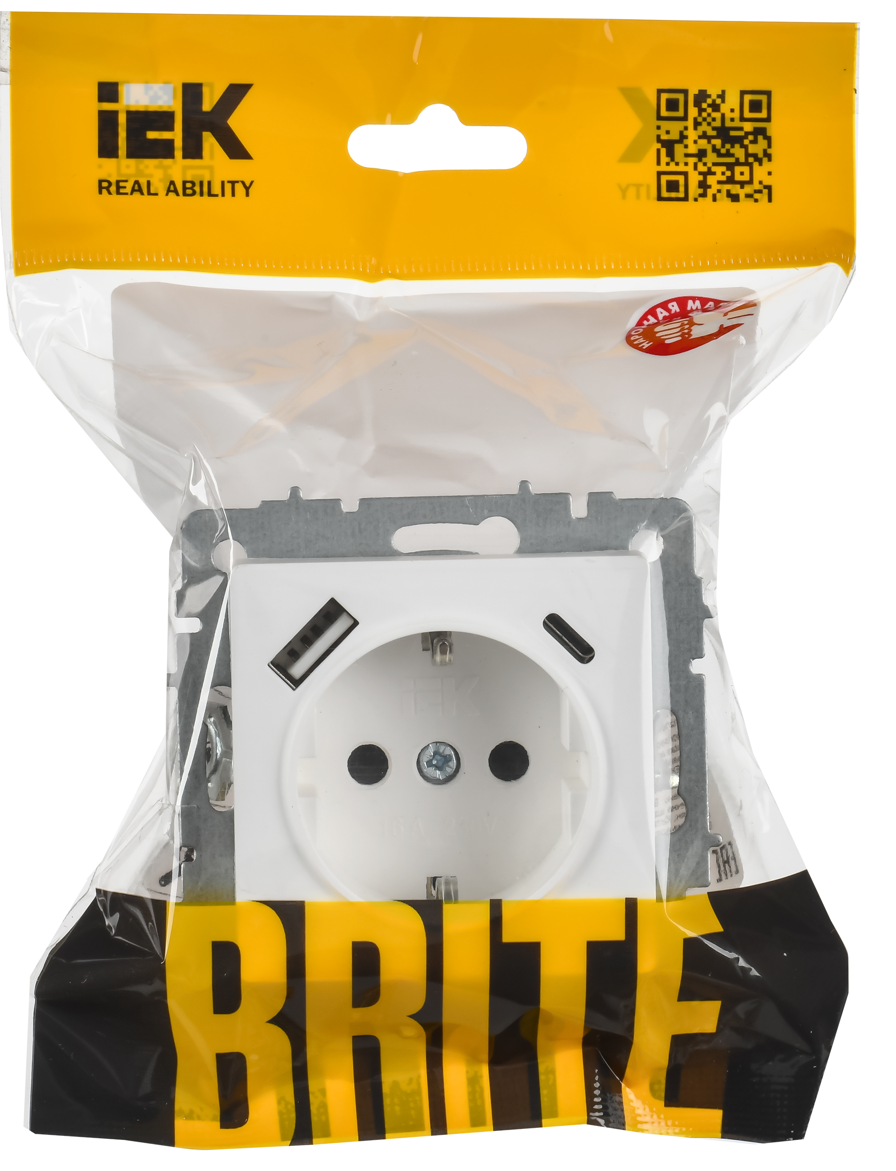 BRITE Розетка 1-местная с заземлением с защитными шторками 16А с USB A+C 18Вт РЮш11-1-БрАБ арктический белый IEK - Фото 2