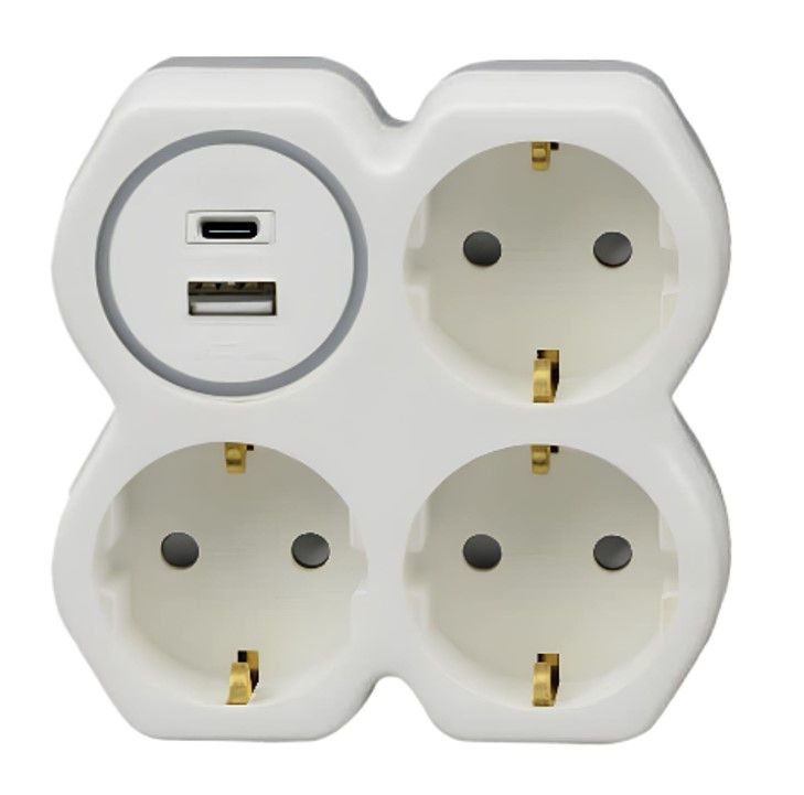 Сетевой разветвитель 3 гнезда с/з, с защитными шторками, 16A, 250V + 2 USB A+C, PD20W, QC18W, белый DEKRON