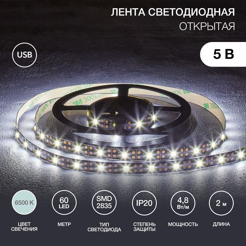 Лента светодиодная 5В, SMD2835, 4,8Вт/м, 60 LED/м, 6500K, 8мм, 2м, с USB коннектором, черная, IP20 L