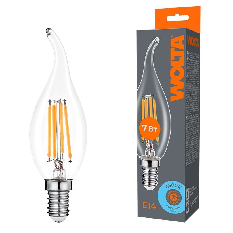 Светодиодная лампа WOLTA Filament, AC 210-240В, 50/60 Гц, прозрачное стекло, "Свеча на ветру", CT35, E14, 7 Вт, 630 лм, 6500 К, 1/10/100 WF-CT35-7W6KE14