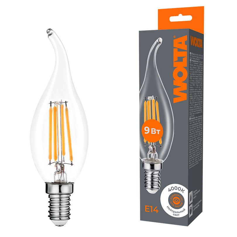 Светодиодная лампа WOLTA Filament, AC 210-240В, 50/60 Гц, прозрачное стекло, "Свеча на ветру", CT35, E14, 9 Вт, 810 лм, 4000 К, 1/10/100