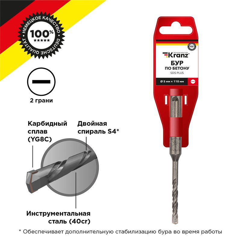 Бур по бетону 5x110x50мм, хвостовик SDS-plus KRANZ KR-91-0005