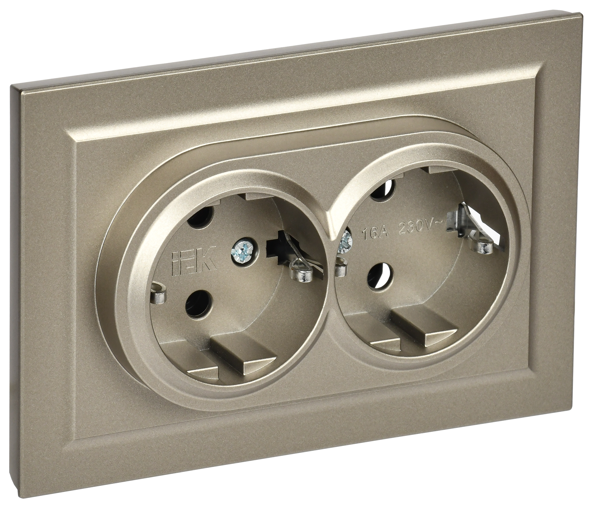 BRITE Розетка 2-местная с заземлением с защитными шторками 16А в сборе РСш12-3-БрШ шампань IEK