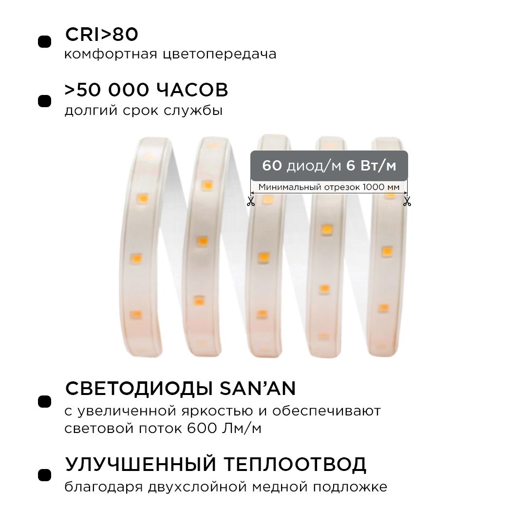 Комплект светодиодной подсветки smd2835 60д/м 220В 6000К IP65 5м Apeyron - Фото 4