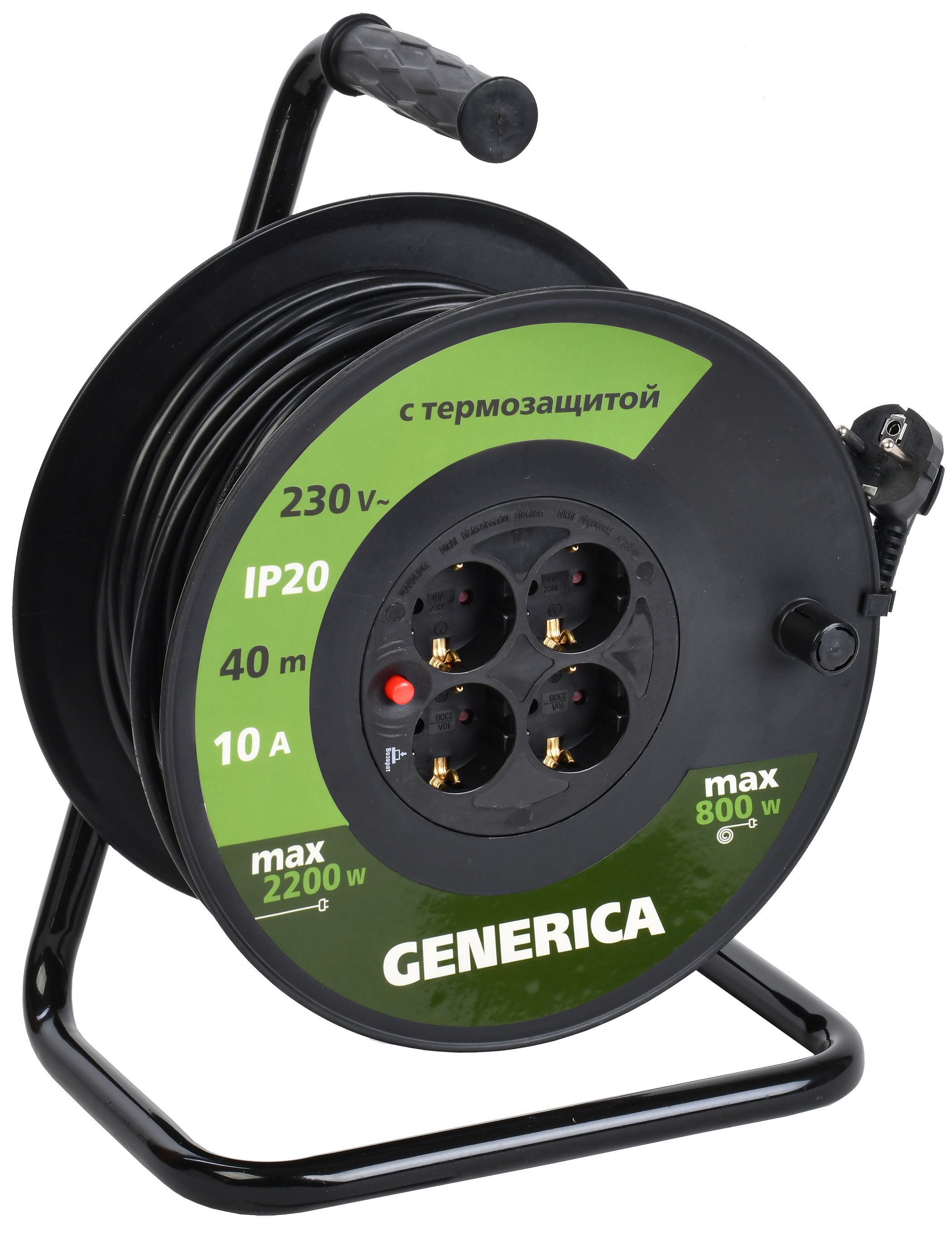 Катушка УК40 с термозащитой 4 места 2P+PE/40м 3х1,0мм2 GENERICA WKP10-10-04-40-G