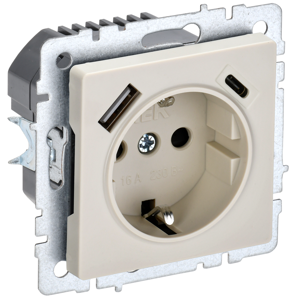 BRITE Розетка 1-местная с заземлением с защитными шторками 16А с USB A+C 18Вт РЮш11-1-БрКр бежевый IEK BR-R14-16-U22-018-K10