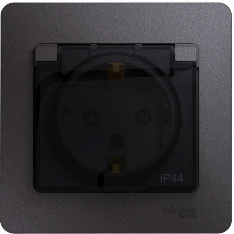 Розетка 1-м СП Glossa 16А IP44 250В с заземл. защ. шторки с крышкой в сборе графит SE GSL001348